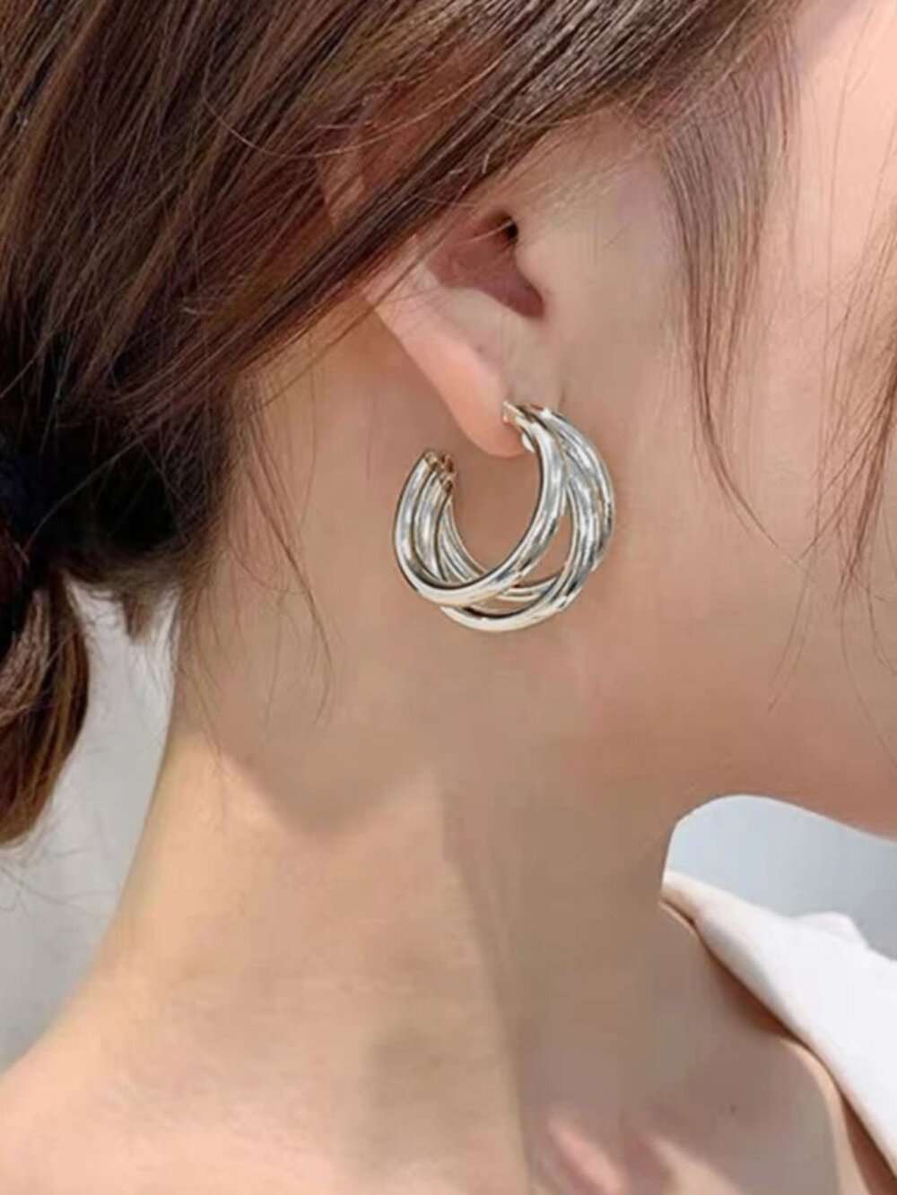 Chunky Silver 316L Stainless Steel Hoop Earrings Plated Triple Hoops Chain Ear